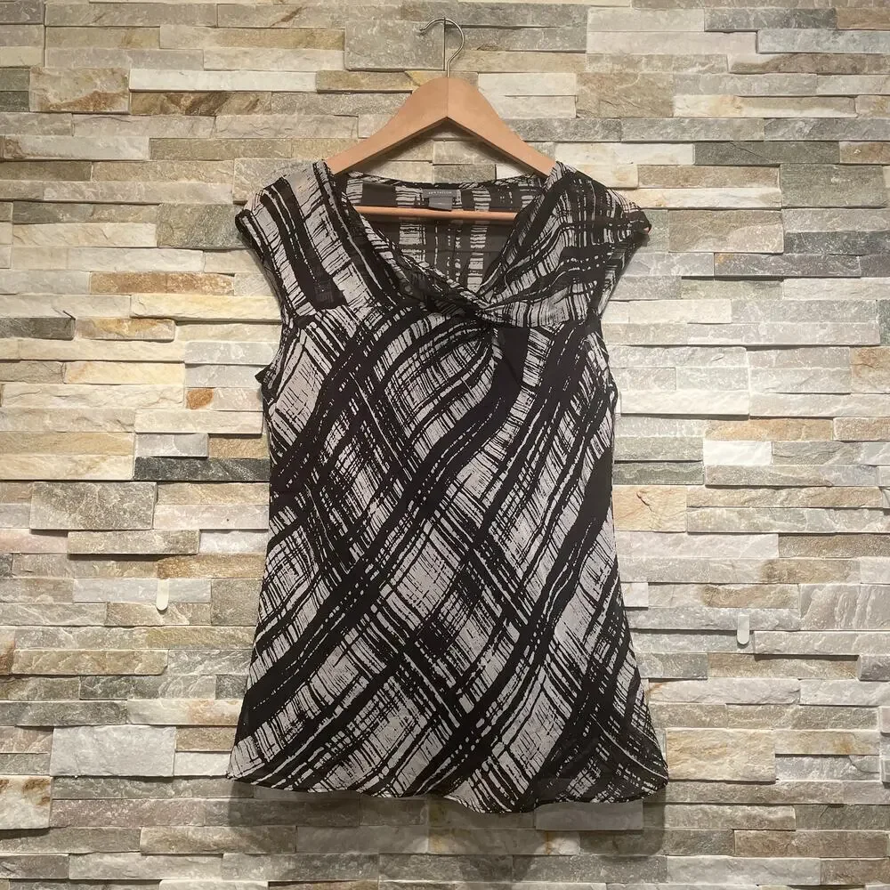 Ann Taylor 100% Silk Top Blouse | M Black Taupe Abstract, Old Money Fall Capsule
